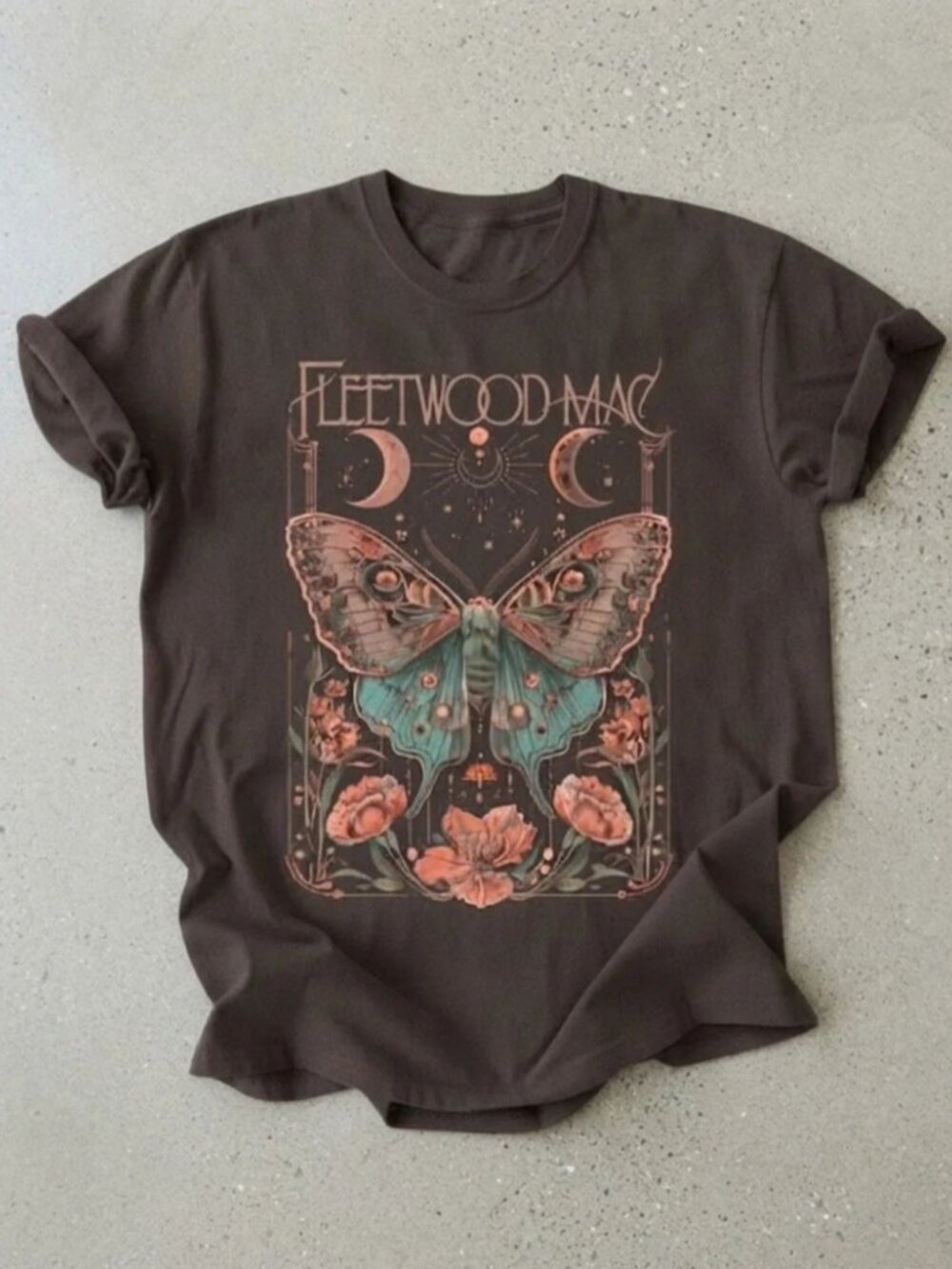 Fleetwood Mac Shirt Vintage Boho Butterfly Floral Moon Dark Brown Size S-5XL